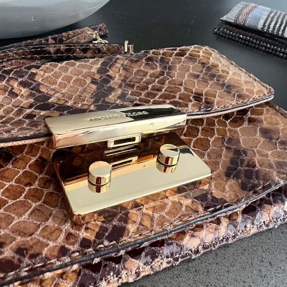 MICHAEL KORS Snake Leather Print Brown Gold Color Crossbody Bag Mini - Picture 4 of 9